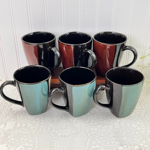 Set Of 6 Pier 1 Imports Mosaic Stoneware Mugs 12 Oz Handpainted Rust Colors - Picture 5 of 10